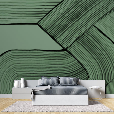 Modern green geometric wallpaper in a bright living room creating a fresh contemporary atmosphere