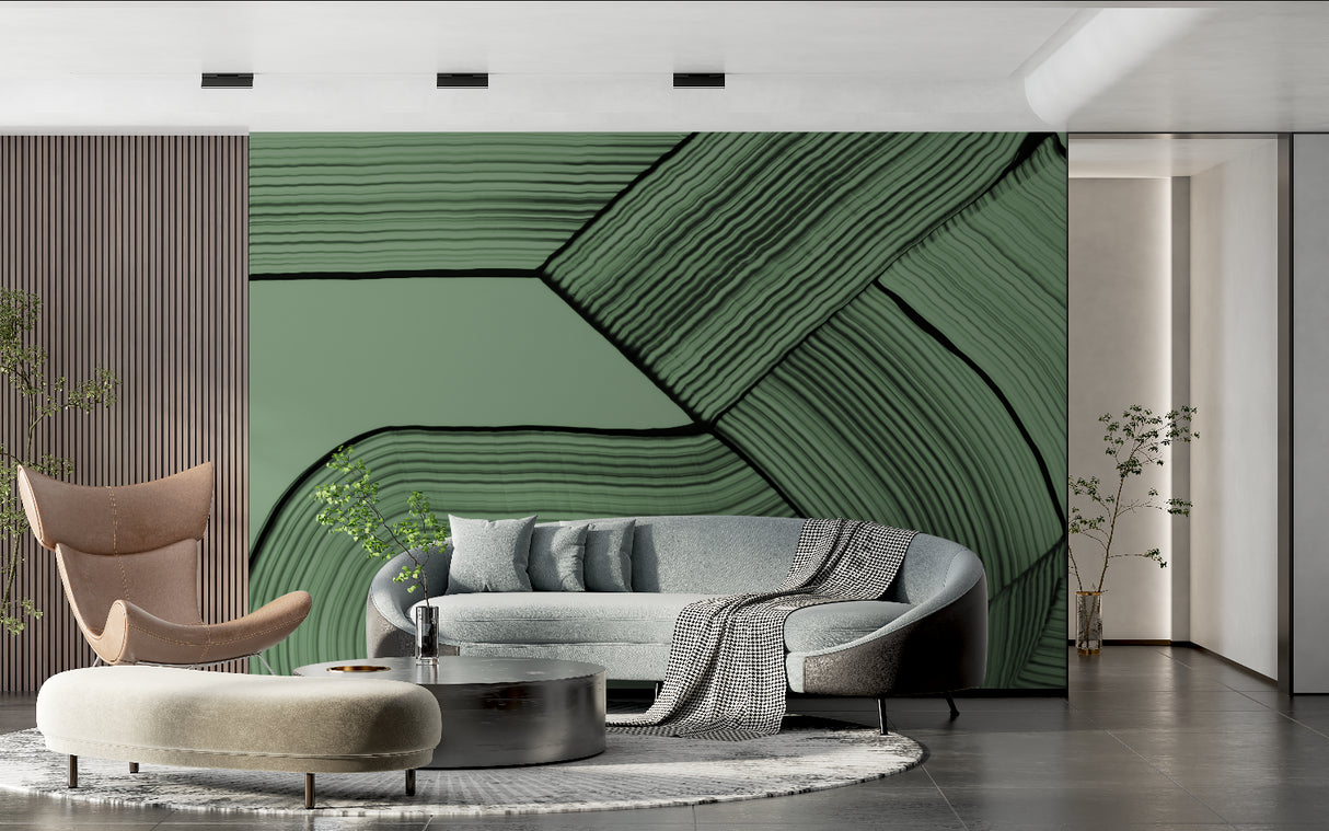 Geometric green wall mural adding style to a minimalist home office space