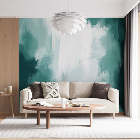 Modern green abstract wallpaper mural styled in bright contemporary living room with minimal furniture