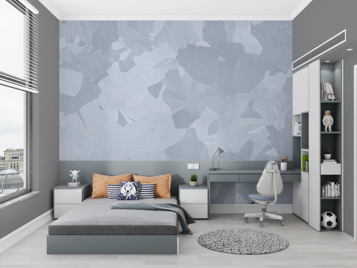 Grey abstract wall mural creating depth in a modern home office space