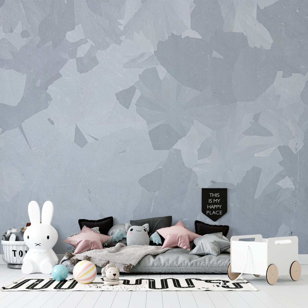 Modern grey geometric wallpaper adding sophistication to a master bedroom
