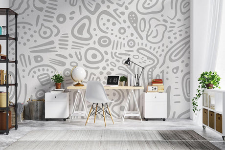 Modern grey line art wallpaper creating a peaceful atmosphere in a minimal living room setting