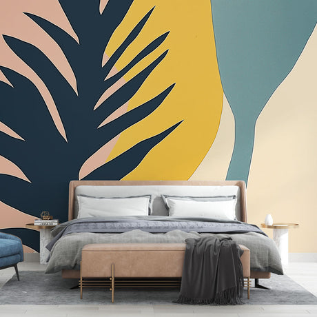 Modern abstract leaf wallpaper creating a peaceful atmosphere in a bright living room with minimal furniture