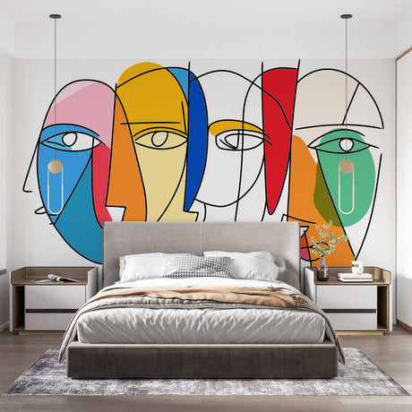 Modern abstract face wallpaper showcased in a bright living room, creating a bold artistic statement wall