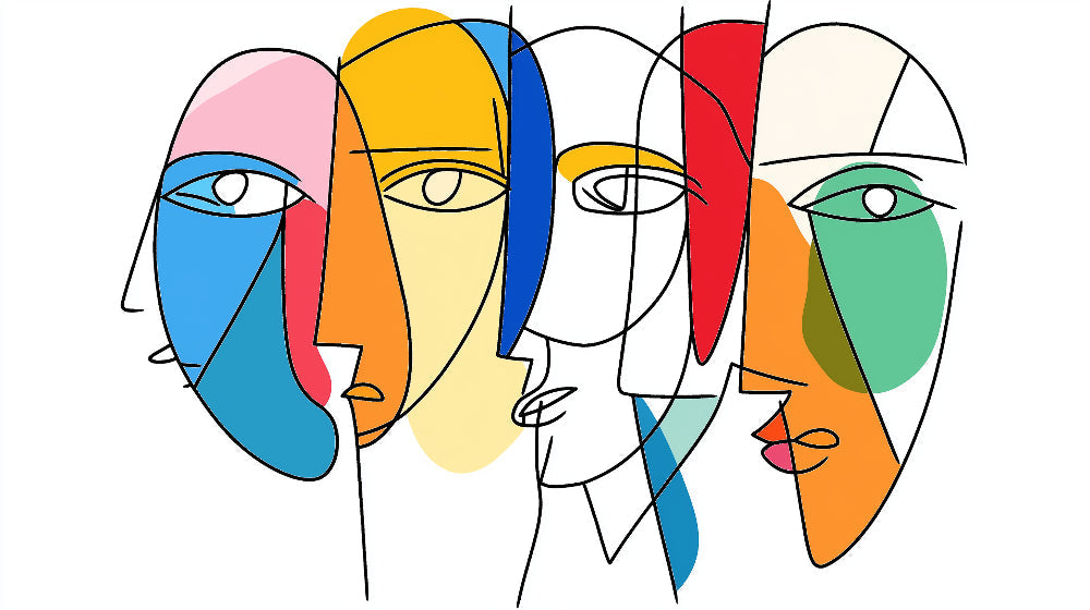 Abstract face line art wallpaper design file showing colorful geometric pattern and faces