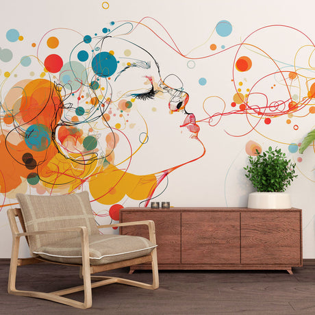 Modern abstract line art wallpaper with colorful bubbles creating a stunning focal point in a bright, airy living room