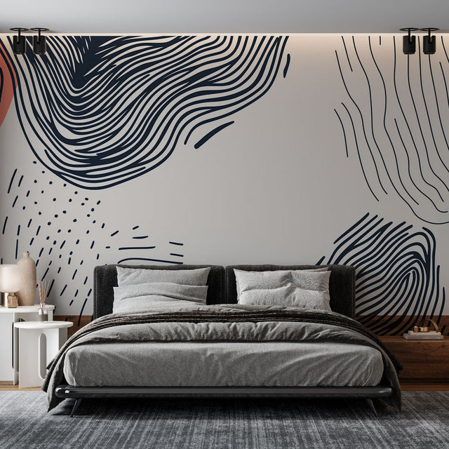 Modern abstract wave wallpaper creating a stunning focal point in a minimalist living room with natural lighting