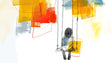 Modern abstract wall mural with yellow and orange line art bringing warmth to a minimalist living room setting