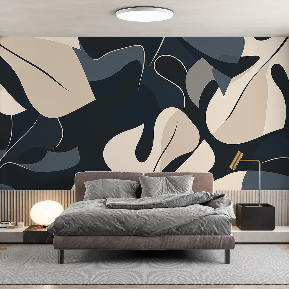 Modern Monstera leaf wallpaper creating a stylish accent wall in a bright, contemporary living room with minimal furniture
