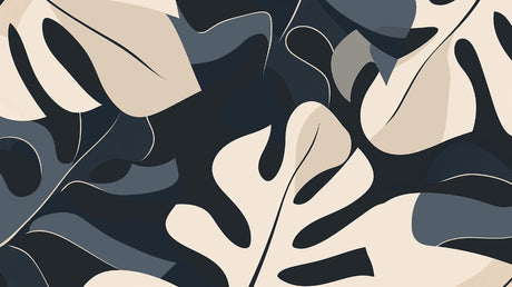 Abstract Monstera leaf wallpaper design file showing beige and navy blue botanical pattern