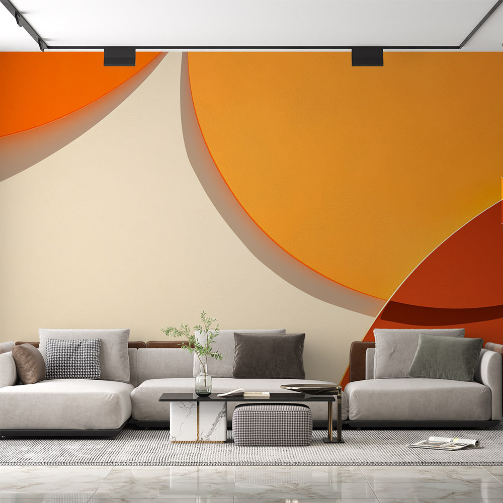 Modern orange geometric wallpaper creating a stunning focal point in a minimal Scandinavian living room setting