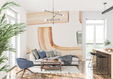 Modern orange stripe wallpaper creating a bold statement in a minimalist living room setting