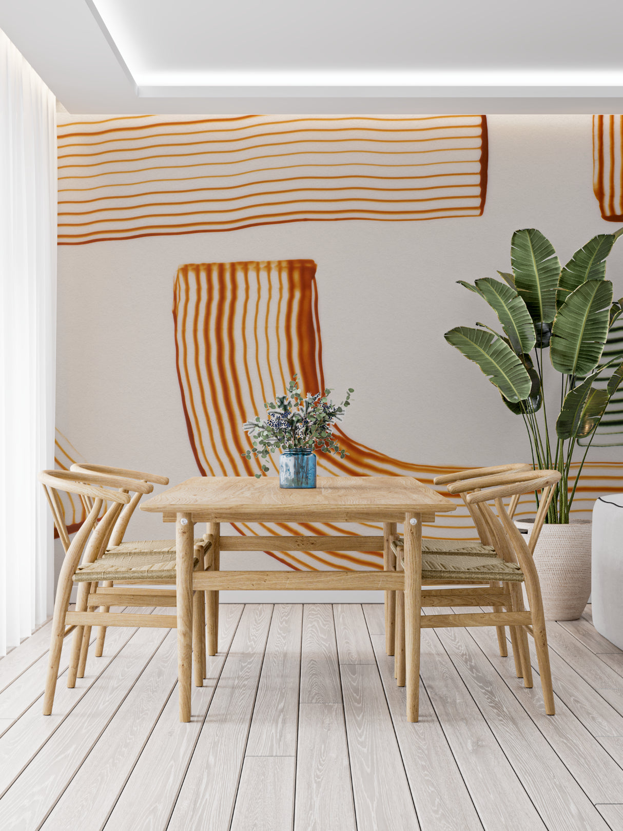 Orange abstract wallpaper design showcased in a modern bedroom setting