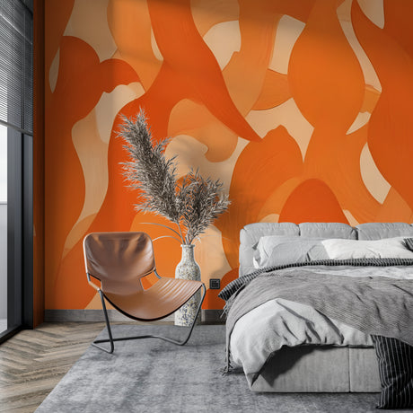 Modern orange wave abstract wallpaper in a bright living room setting with minimalist furniture