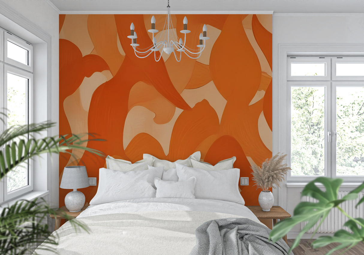 Abstract orange wave wallpaper creating a bold statement in home office space