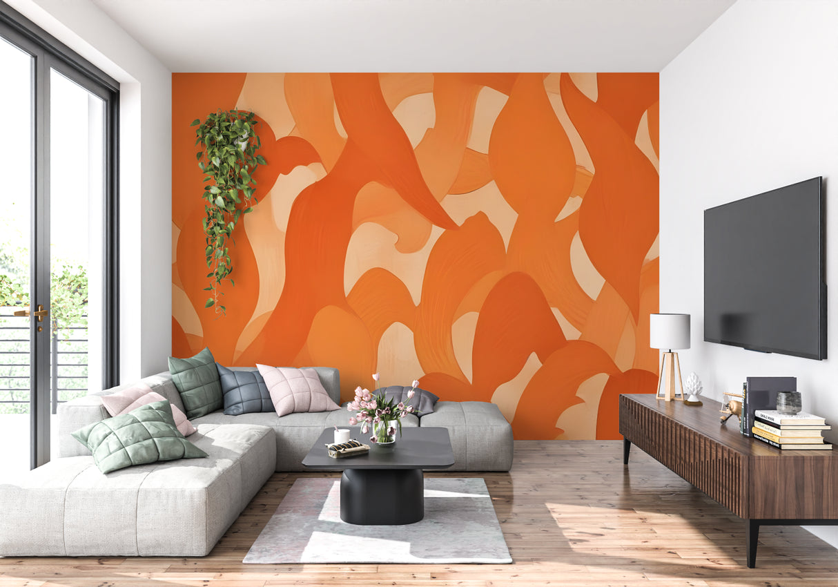 Orange wave abstract wall mural in contemporary dining room interior