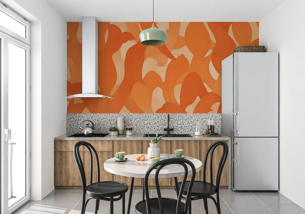 Modern abstract wallpaper with orange waves in stylish bedroom setting