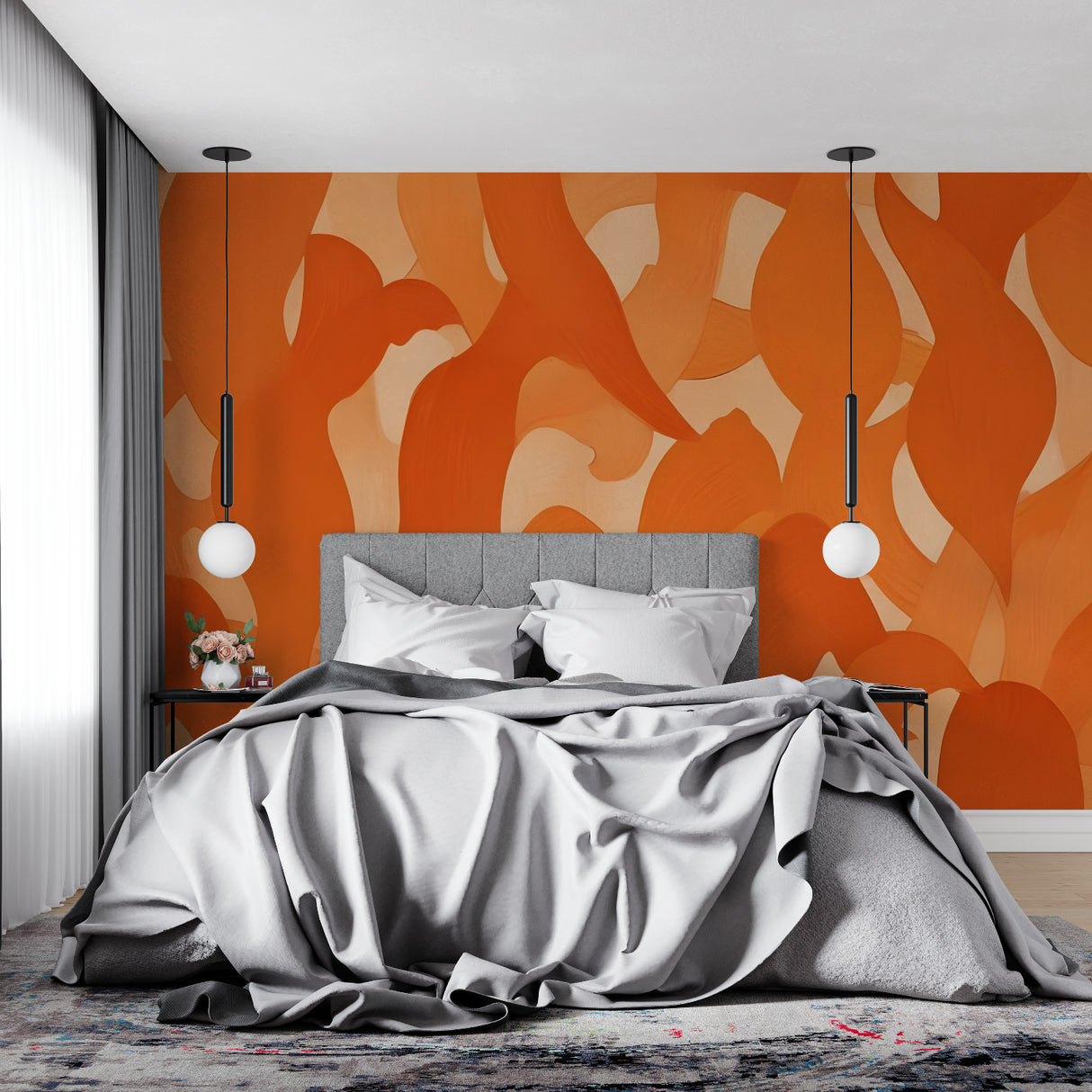 Abstract orange wave mural wallpaper in modern hallway design