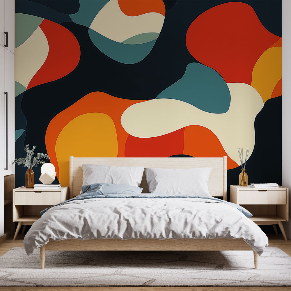 Modern Abstract Curves Wallpaper displayed in a bright living room, showing fluid organic shapes in navy and orange tones