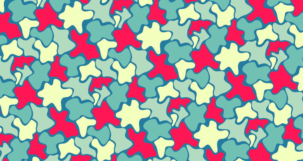 Abstract organic pattern design file showing flowing red and teal shapes on cream background