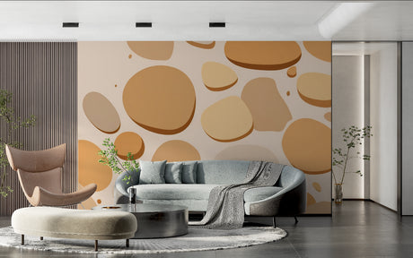Modern pebble pattern wallpaper creating a peaceful atmosphere in a minimalist living room