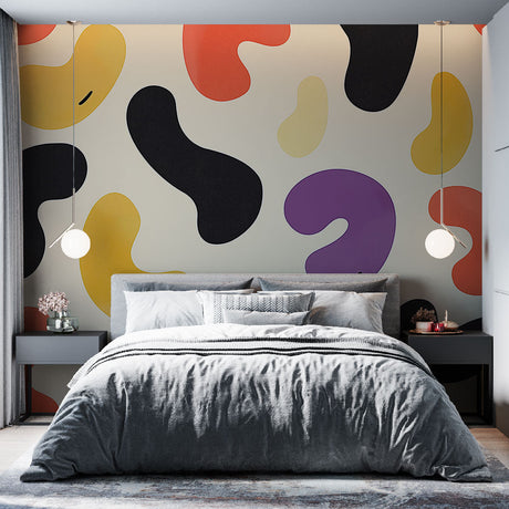 Modern abstract wallpaper with organic shapes bringing bold color and movement to a minimalist living room setting