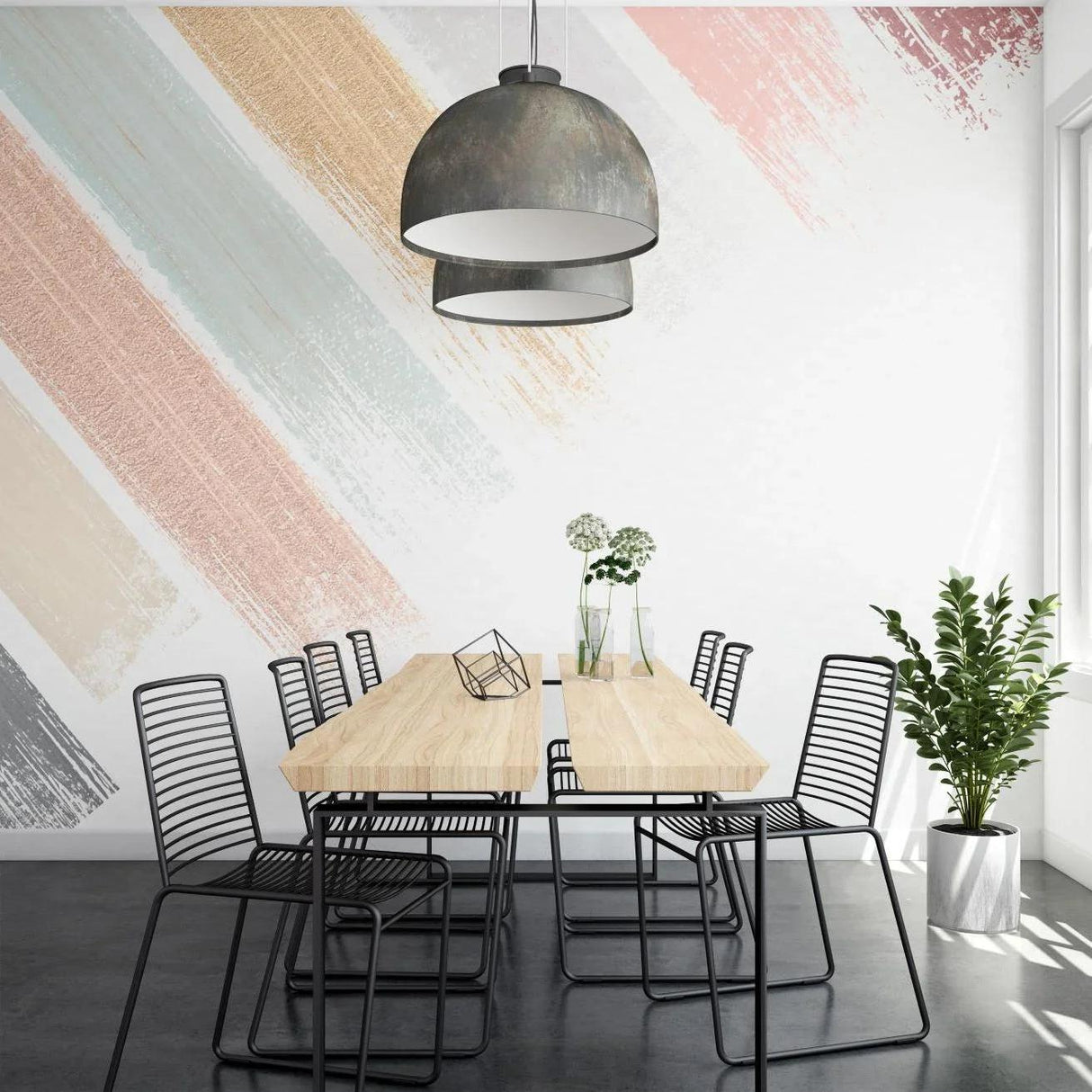 Modern abstract brush strokes wallpaper creating a bright, airy feel in a minimalist living room setting
