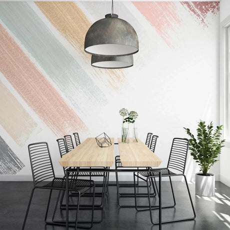 Modern abstract brush strokes wallpaper creating a bright, airy feel in a minimalist living room setting
