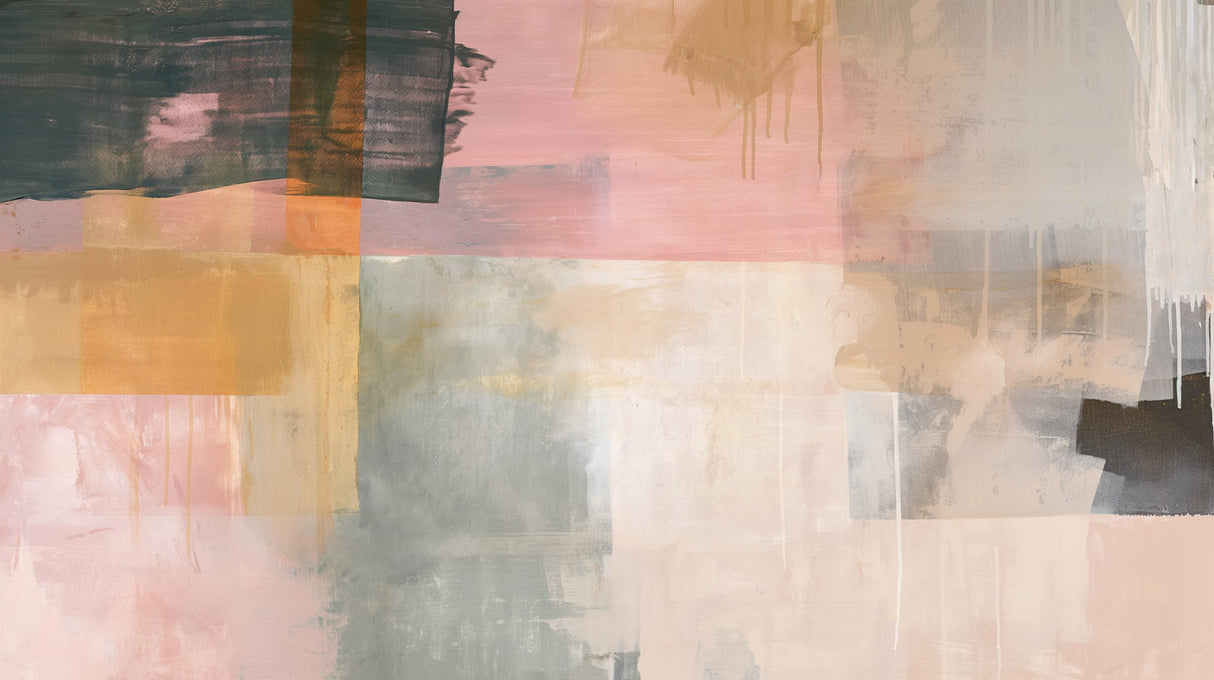 Modern abstract pastel wallpaper creating a serene atmosphere in a minimalist living room with natural light