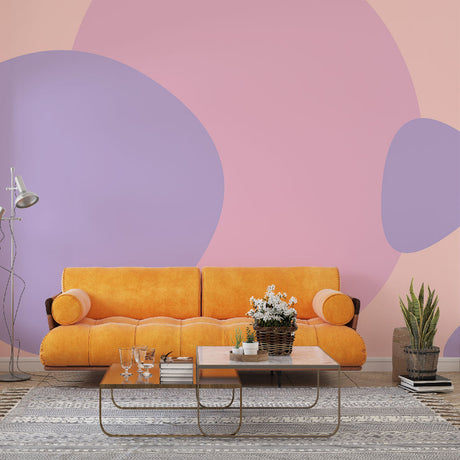 Modern Pastel Circle Wallpaper in bright living room showing floating geometric shapes against soft peach backdrop