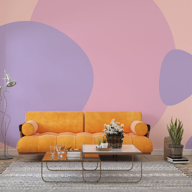 Modern Pastel Circle Wallpaper in bright living room showing floating geometric shapes against soft peach backdrop