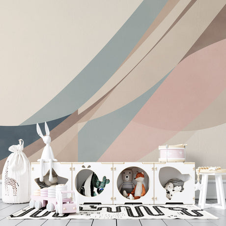 Modern Pastel Geometric Wallpaper brightening a minimalist Scandinavian living room with natural light