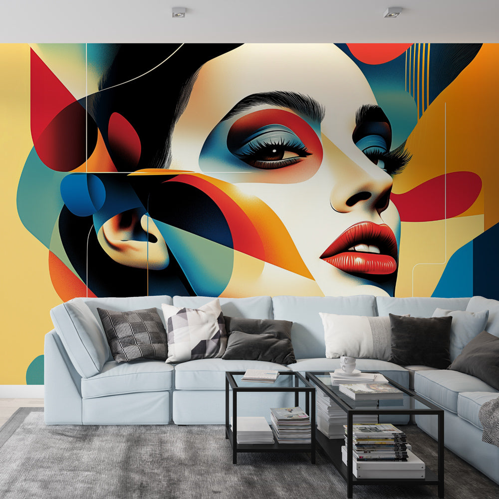 Modern abstract portrait wallpaper creating a bold statement in a minimalist living room with white furniture