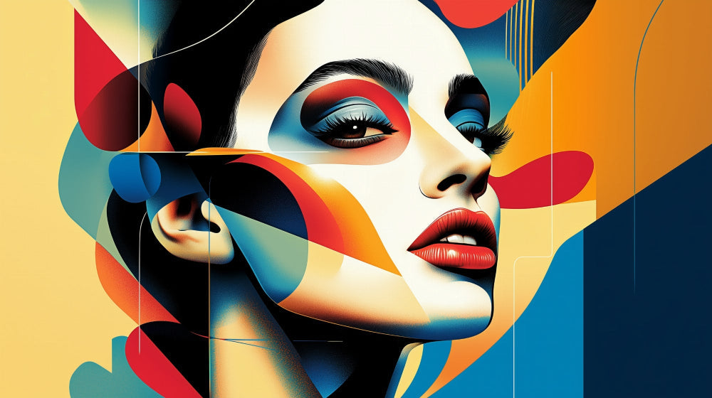 Abstract portrait design file showing vibrant pop art pattern with geometric shapes and bold colors