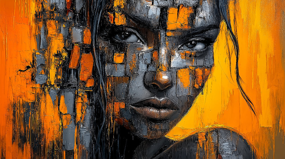 Modern portrait abstract design file showing intricate orange and black pattern details