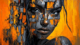 Modern portrait abstract design file showing intricate orange and black pattern details