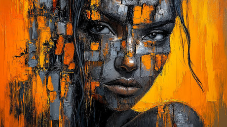 Modern portrait abstract design file showing intricate orange and black pattern details