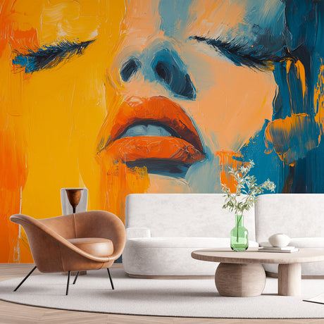 Modern abstract portrait wallpaper creating a stunning focal point in a minimalist living room with orange and blue tones