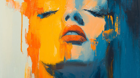 Abstract portrait wallpaper design file showing vibrant orange and blue paint strokes and artistic textures