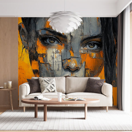 Modern abstract portrait wallpaper in orange and grey tones creating dramatic impact in a minimalist living room setting