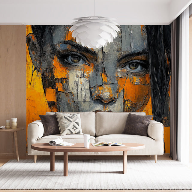 Modern abstract portrait wallpaper in orange and grey tones creating dramatic impact in a minimalist living room setting