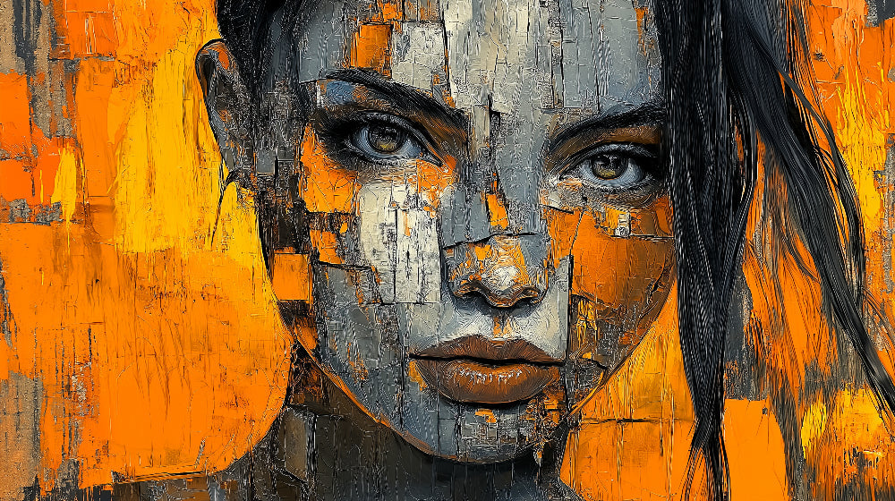 Abstract portrait wallpaper design file showing detailed orange and grey artistic pattern