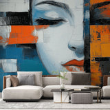 Modern abstract portrait wallpaper bringing artistic style to a minimalist living room with clean furniture and natural light