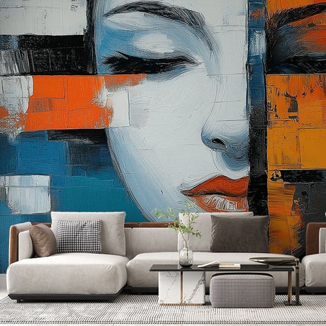 Modern abstract portrait wallpaper bringing artistic style to a minimalist living room with clean furniture and natural light