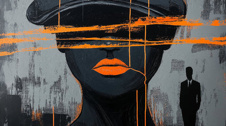 Abstract portrait wallpaper design file showing black and grey tones with vibrant orange brush strokes