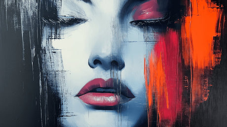 Modern Abstract Portrait Wallpaper with red accents displayed in a minimalist living room, creating a dramatic focal point