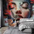 Abstract portrait mural wallpaper creating a stunning focal point in a modern living room with natural lighting