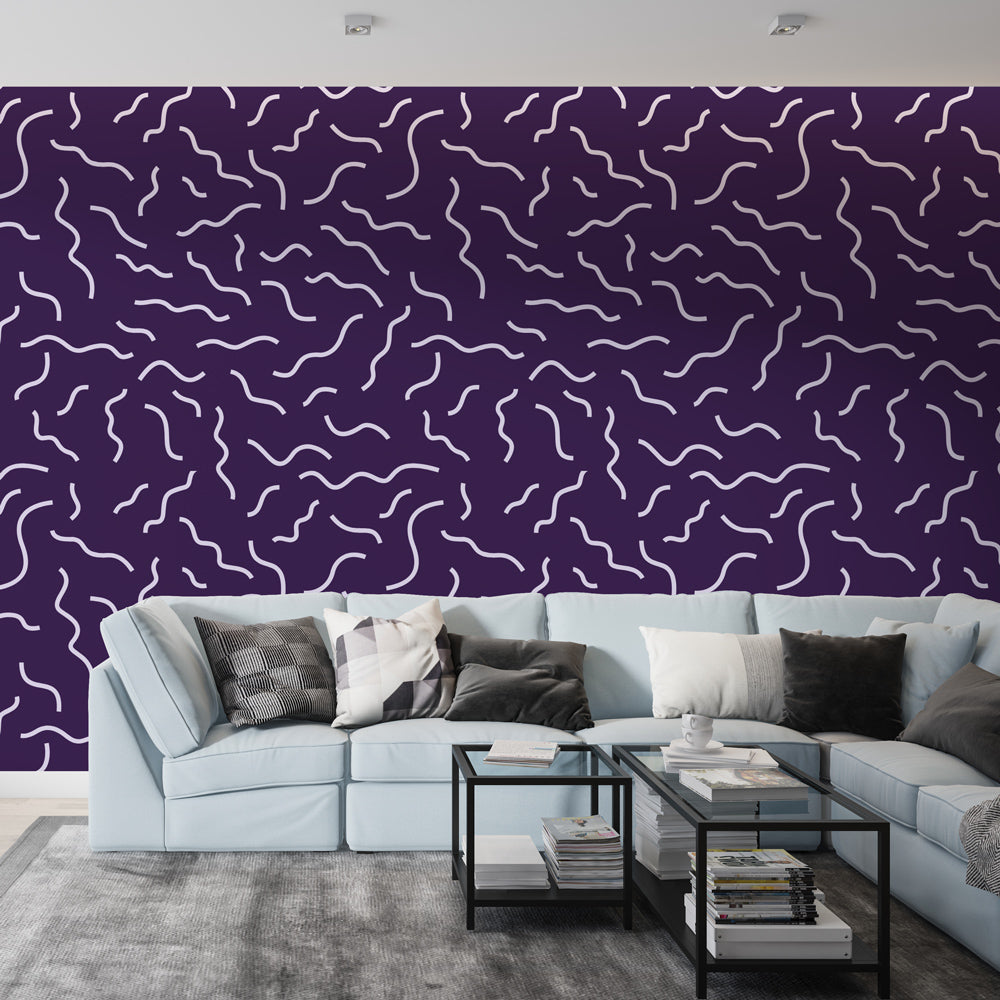 Modern purple wave pattern wallpaper showcased in a minimalist living room with contemporary furniture