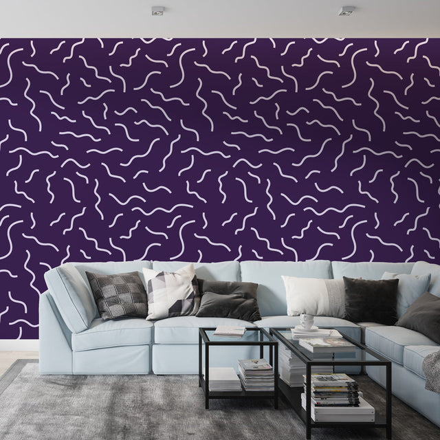 Modern purple wave pattern wallpaper showcased in a minimalist living room with contemporary furniture