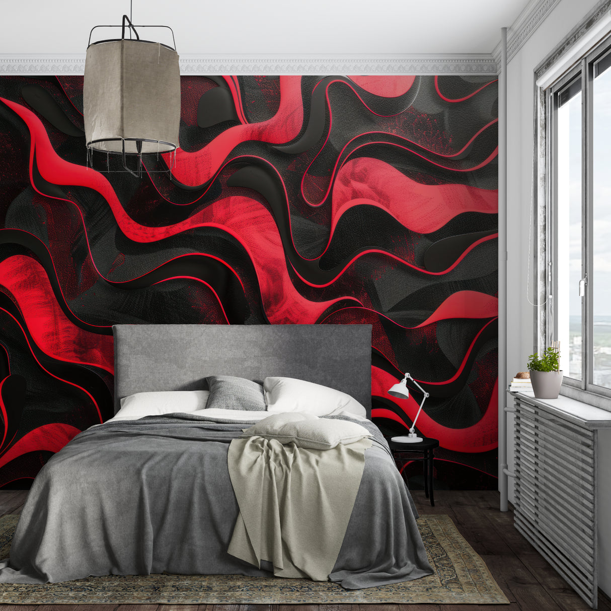 Modern wave pattern wallpaper adding drama to a contemporary dining room